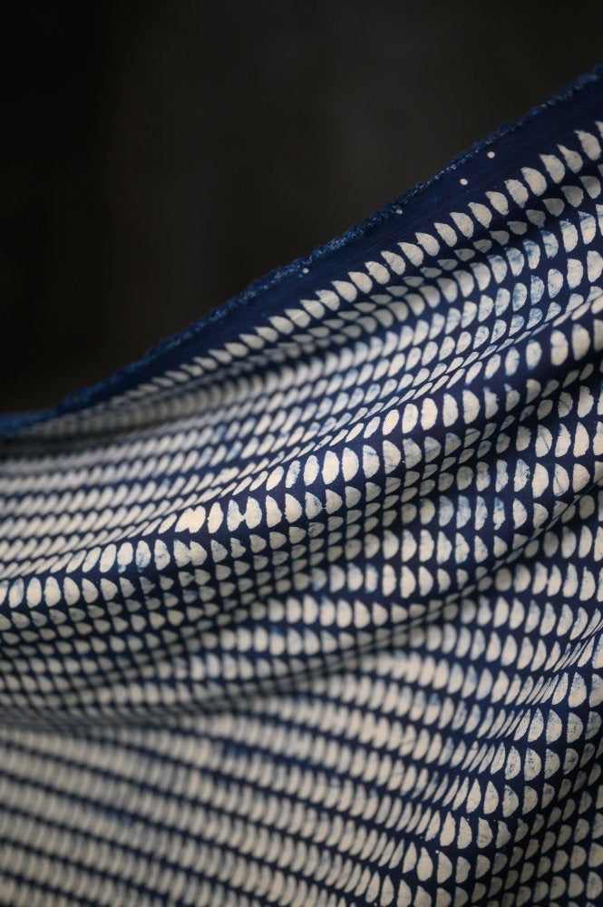 INDIAN COTTON • HAND BLOCK • Indigo Semi Circle $39.00/metre