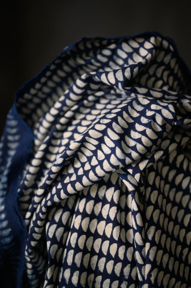 INDIAN COTTON • HAND BLOCK • Indigo Semi Circle $39.00/metre